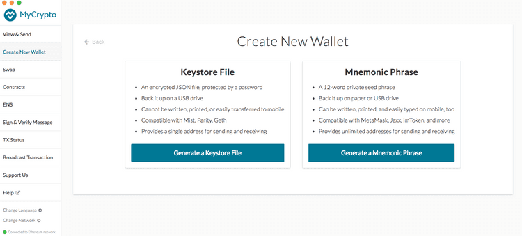 Create new wallet selection