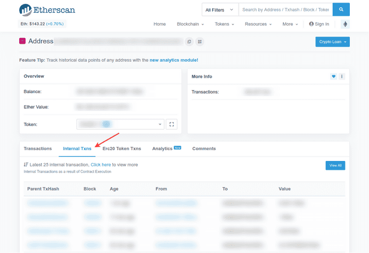 Internal transactions on Etherscan